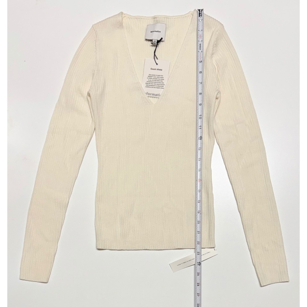 Reformation Nativa Wool Ribbed V-Neck Sweater Cream White XS New